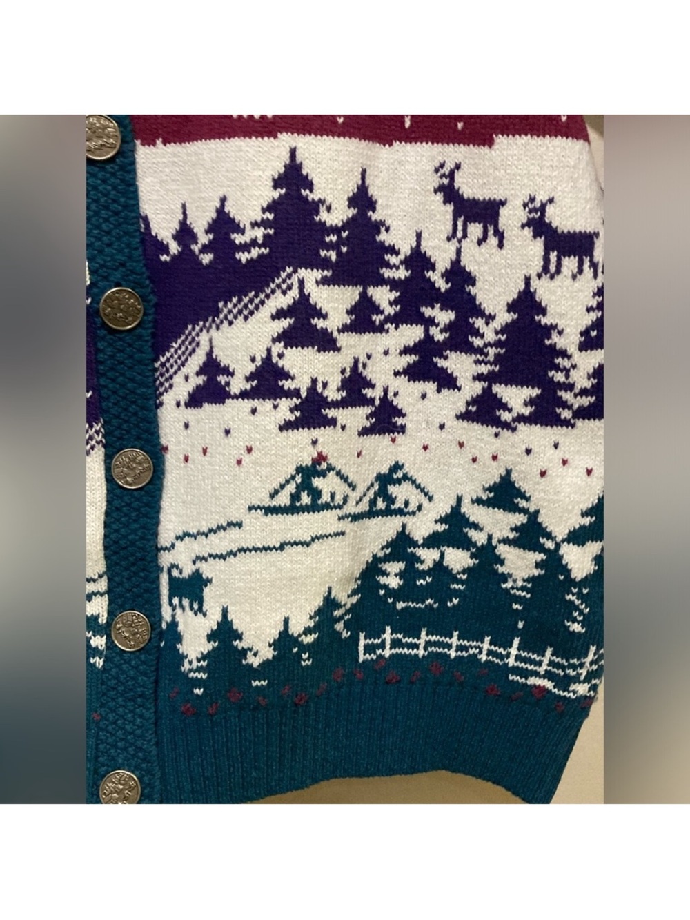 Vintage 90s Northern Reflections Winter Scene Knit Cardigan Size Medium - Picture 4 of 12